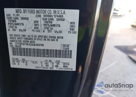 2002 Ford F-150 Xl/Xlt z USA, uszkodzony, nr VIN 1FTRF07W42KB48398